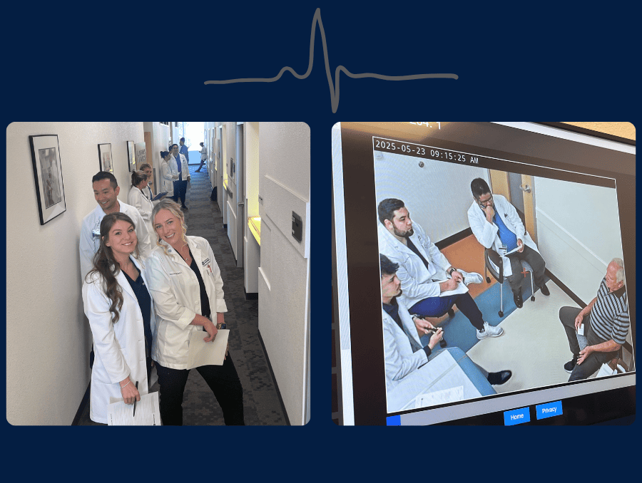 Medical students in a hallway smiling at a camera and medical students meeting with an older man.